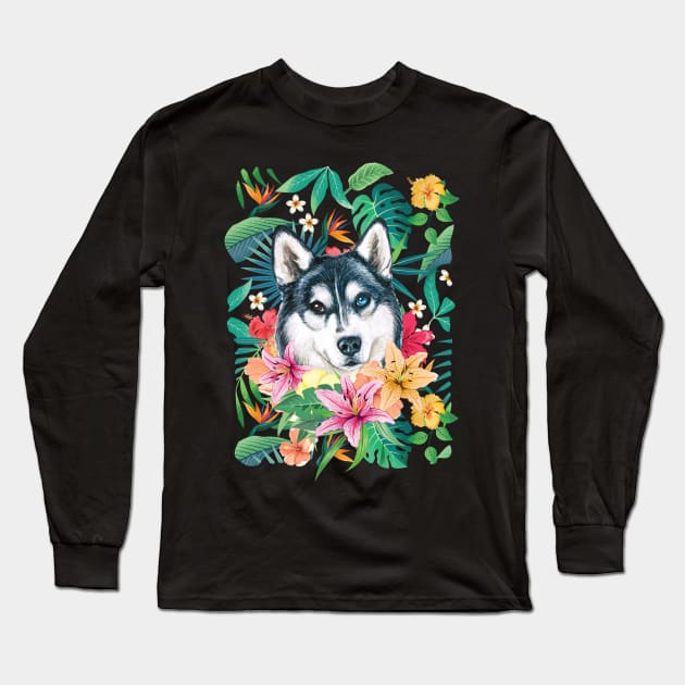 Tropical Siberian Husky 4 Long Sleeve T-Shirt by LulululuPainting